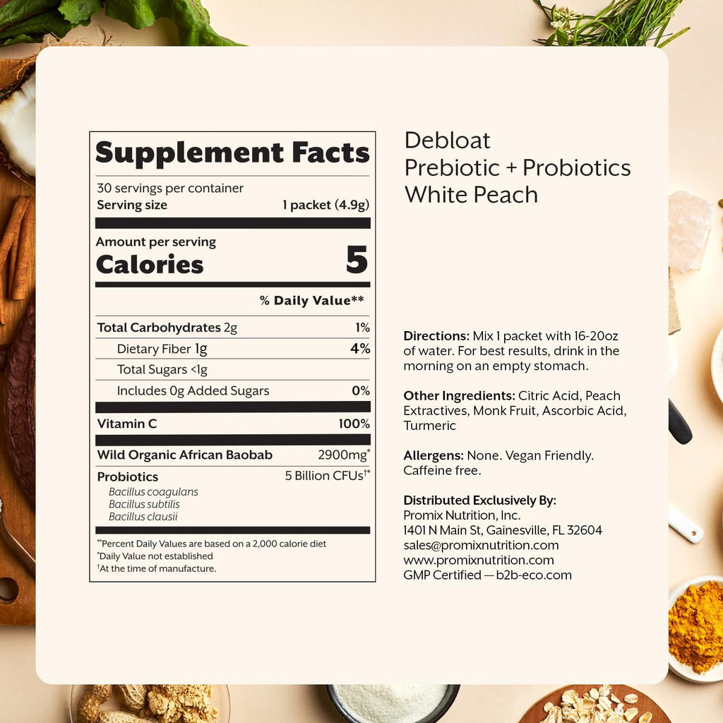 ProMix Nutrition Debloat Prebiotics and Probiotics, Bloating relief for Women, Gut cleanse detox for Men and Immune Support - White Peach - 30 Servings (Pack of 30)