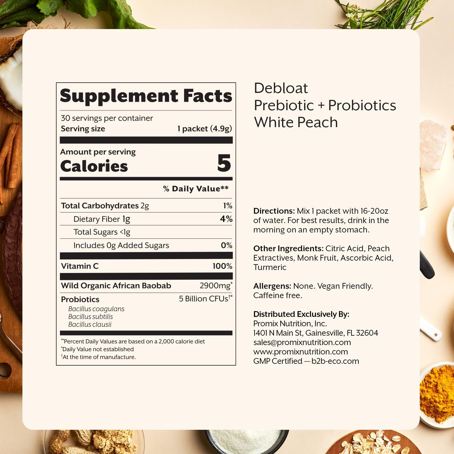 ProMix Nutrition Debloat Prebiotics and Probiotics, Bloating relief for Women, Gut cleanse detox for Men and Immune Support - White Peach - 30 Servings (Pack of 30)