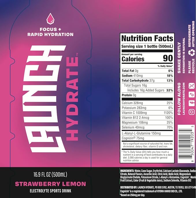Sports Drink: Strawberry Lemon Flavor - 16.9 Oz (12 Pack), Energy Drink + Hydration, Real Cane Sugar, Electrolytes, Cognizin for Focus, Vitamin B12 Energy Boost, L-Glutamine Hydration Formula, No Artificial Sweeteners, Colors, or High Fructose Corn Syr...