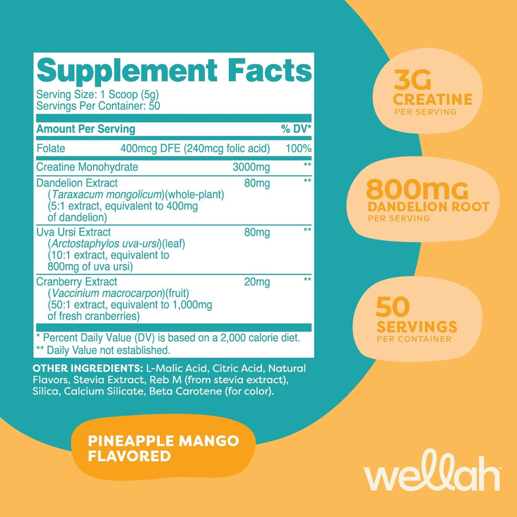Wellah Creatine for Women - Creatine Monohydrate with Dandelion & Cranberry Extract (50 Servings, Pineapple Mango)