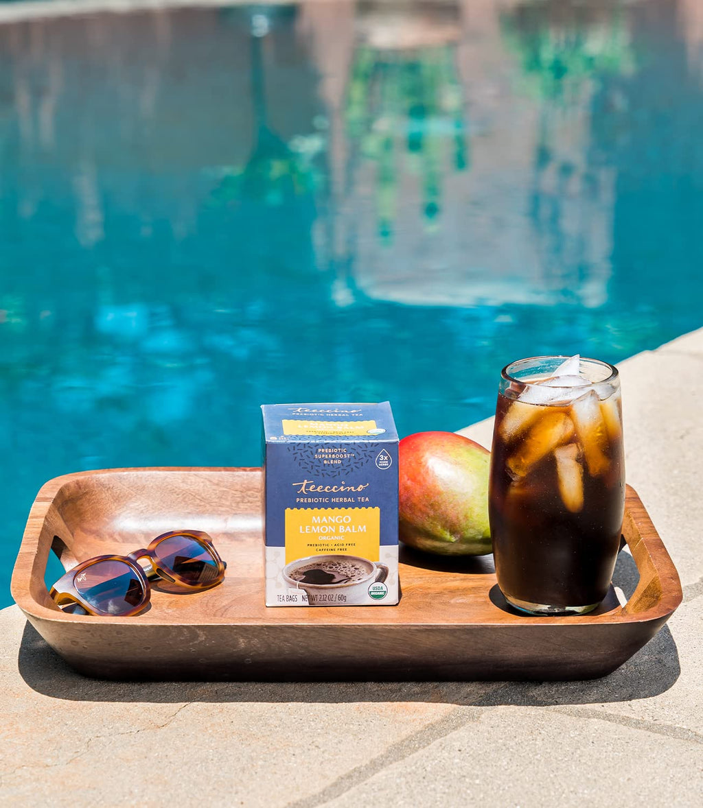 Teeccino Mango Lemon Balm - Prebiotic SuperBoost™ Herbal Tea - Support Your Probiotics with Vegan GOS & Organic XOS For Good Gut Health - Caffeine-Free, 25 Tea Bags