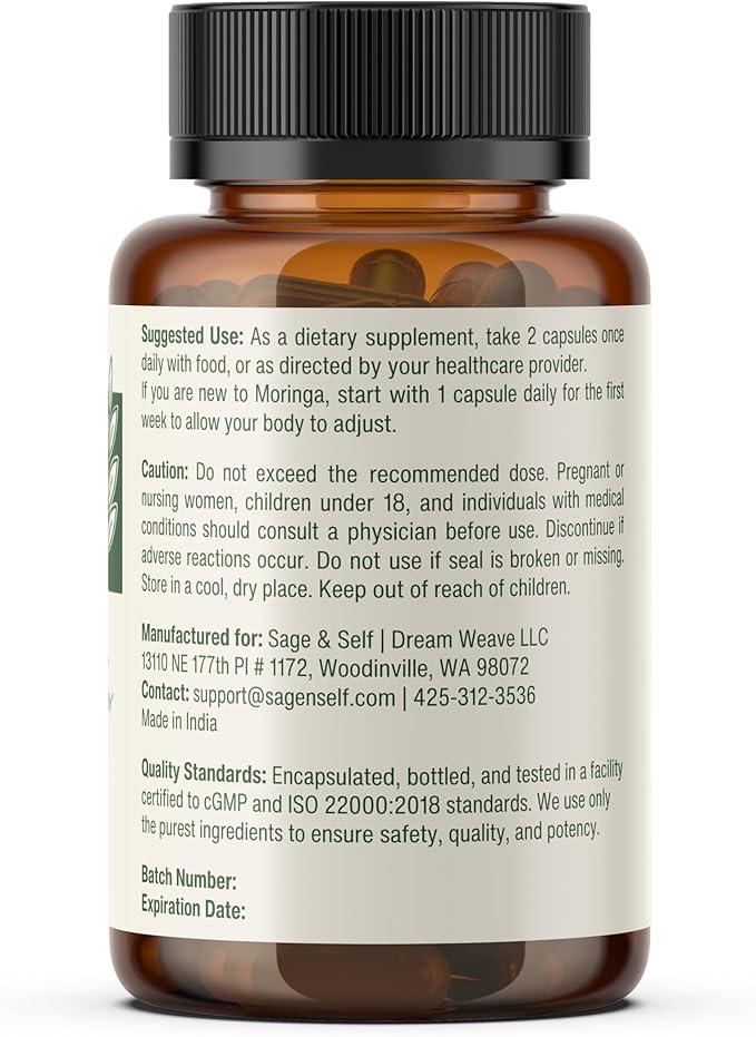 Sage & Self Pure Moringa Capsules – Moringa Leaf Powder for Natural Energy & Daily Wellness – Vegan Herbal Supplement (60 Capsules)