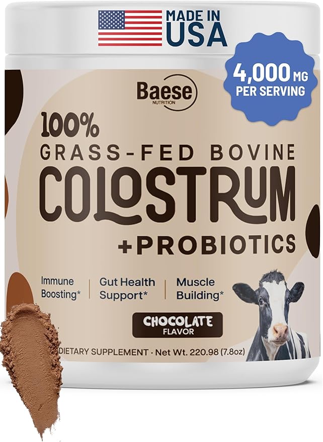 Organic Chocolate 4000mg Grass Fed Bovine Colostrum Powder + Probiotics Colostrum Supplement for Kids & Adults with Immunoglobulins (220.98 Grams)