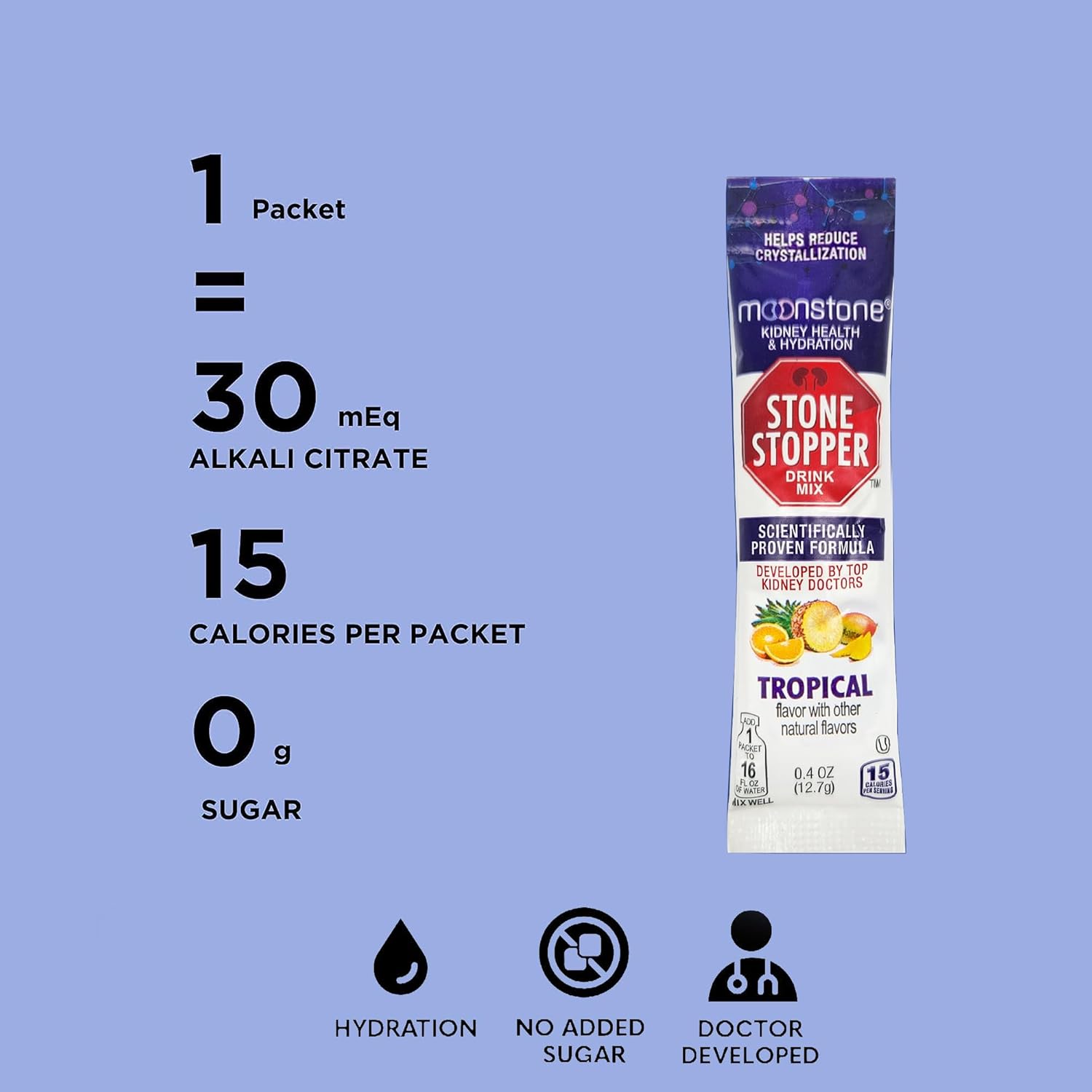Stone Stopper Drink Mix, Tropical, Kidney Stone Prevention, Calcium Oxalate Protector, Developed by Urologists to Improve Hydration and Support Kidney Health, 15 Day Supply