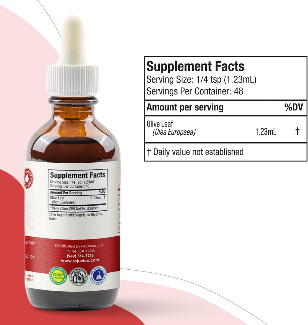 Rejuvica Active Olive Leaf Extract | Naturally Occurring Oleuropein Liquid Drops for Immune & Heart Support | Fast-Absorption, Vegan, Alcohol-Free | 2 fl oz