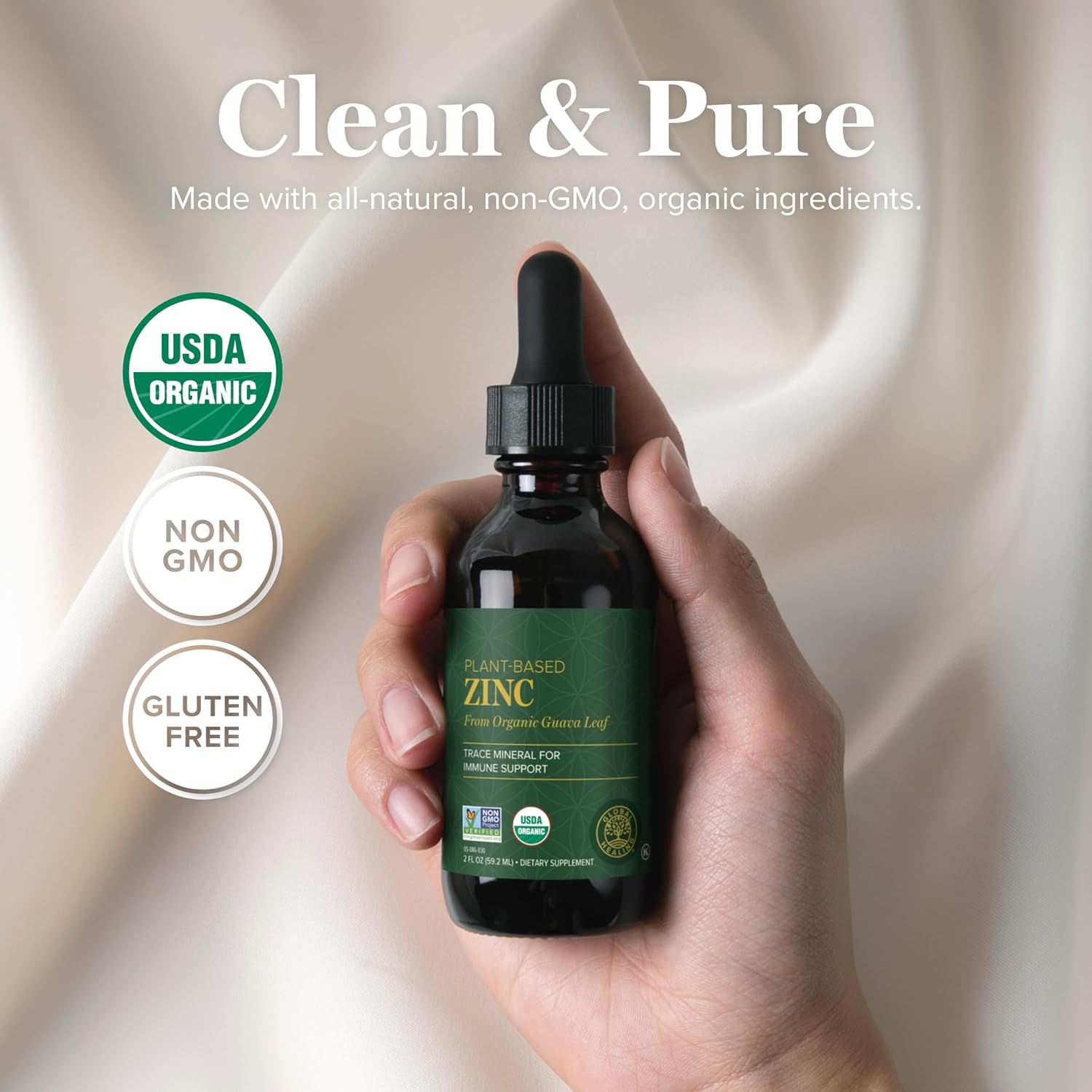 Global Healing USDA Organic Zinc Supplements Liquid - Pure Vitamin Drops for Immune System Boost, Hormone Balance, and Healthy Aging - Natural, Vegan-Friendly, Non-GMO, Organic Zinc Vitamins (2 Fl Oz)