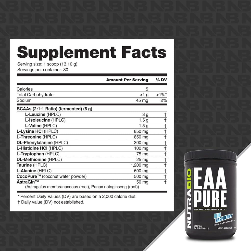 NutraBio – EAA Pure – BCAA Powder– Muscle Repair and Recovery– Pre or Post Workout - Amino Acid Supplement – All Day Recovery, 30 Servings, Blue Raspberry