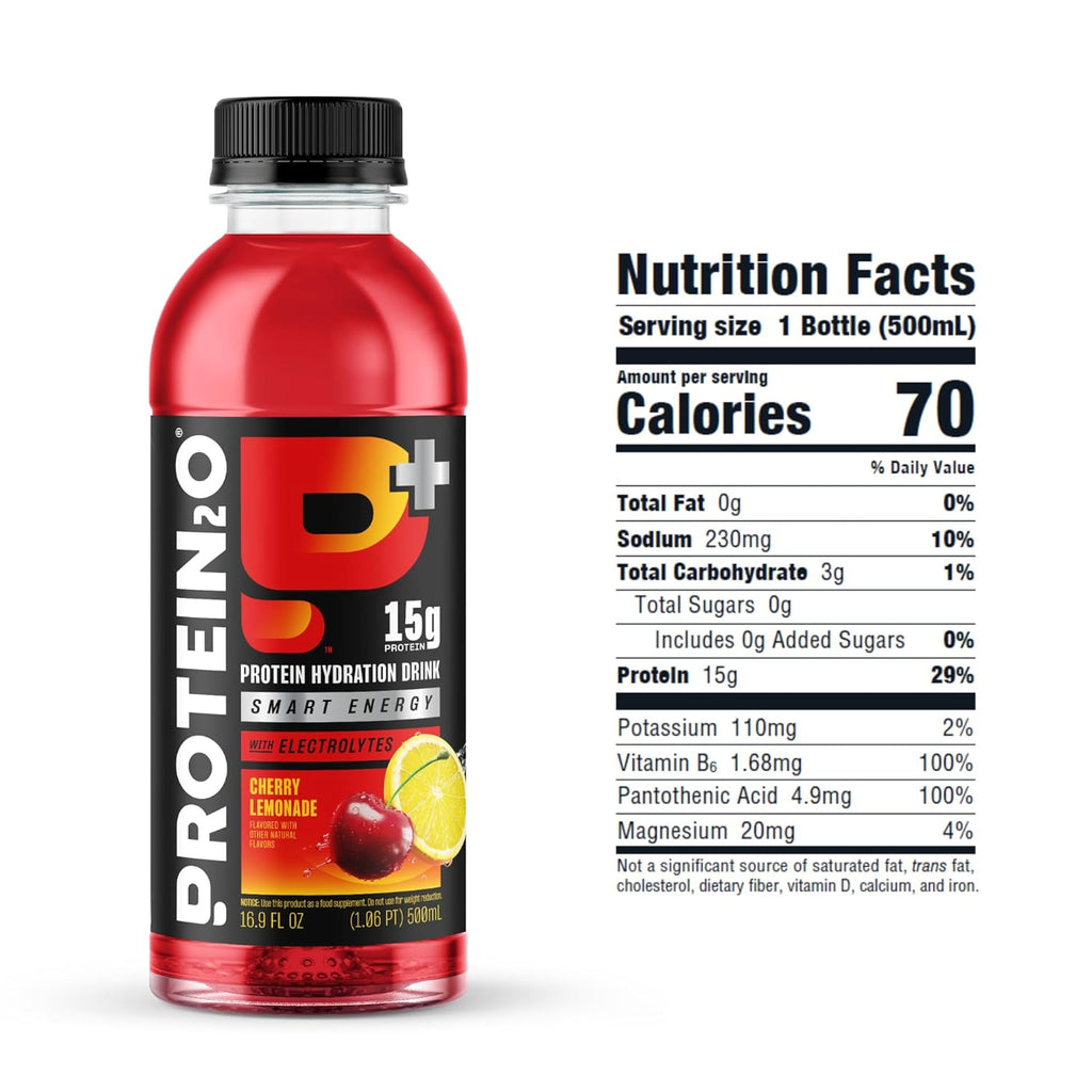 Protein2o 15g Whey Protein Infused Water Plus Energy, Cherry Lemonade, 16.9 oz Bottle (Pack of 12)