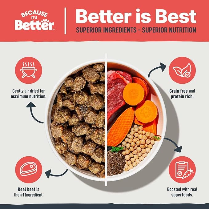 Because It's Better Slow Baked and Air Dried Dog Food, Real Beef and Veggies, 3lb Bag, Complete and Balanced Dry Dog Food, for All Life Stages