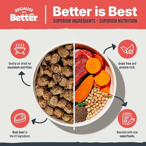 Because It's Better Slow Baked and Air Dried Dog Food, Real Beef and Veggies, 3lb Bag, Complete and Balanced Dry Dog Food, for All Life Stages