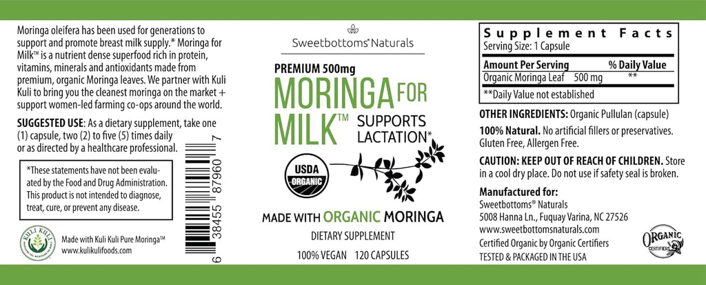 Lactation Supplement - Organic Moringa Capsules for Breastfeeding Support to Increase Breastmilk Supply (120 ct) Pure Malunggay Leaf Powder for Milk Production Booster & Postnatal Vitamins A E K 500mg