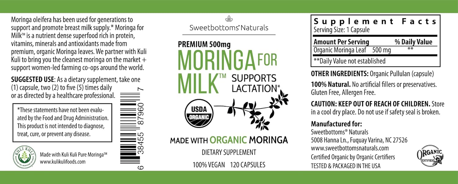 Lactation Supplement - Organic Moringa Capsules for Breastfeeding Support to Increase Breastmilk Supply (120 ct) Pure Malunggay Leaf Powder for Milk Production Booster & Postnatal Vitamins A E K 500mg