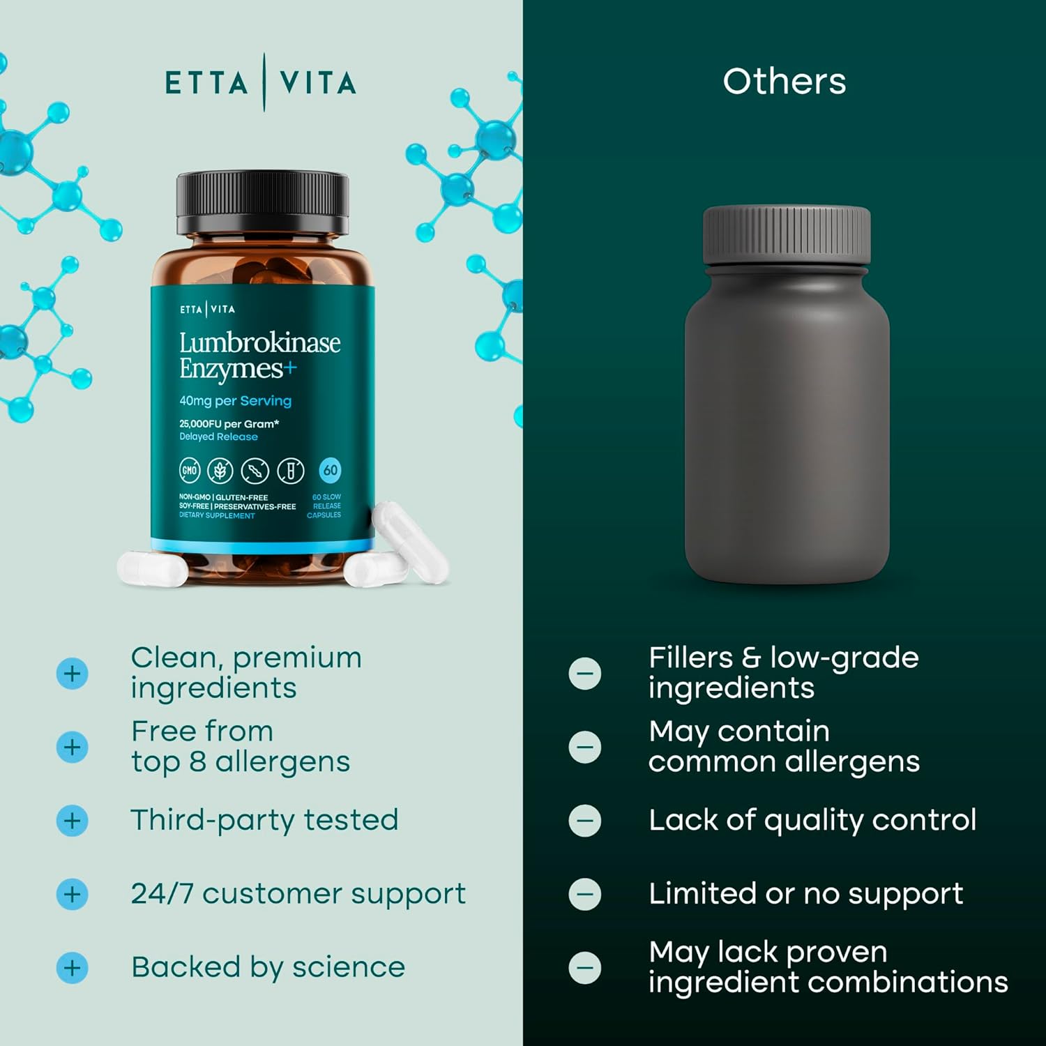 Potent Lumbrokinase Supplement 40mg/Serving (Max Activity - 800,000 Units) - Lumbrokinase Enzymes Capsules for Energy Support, Digestion, Detox, Cognition & Gut Health - Similar to Nattokinase