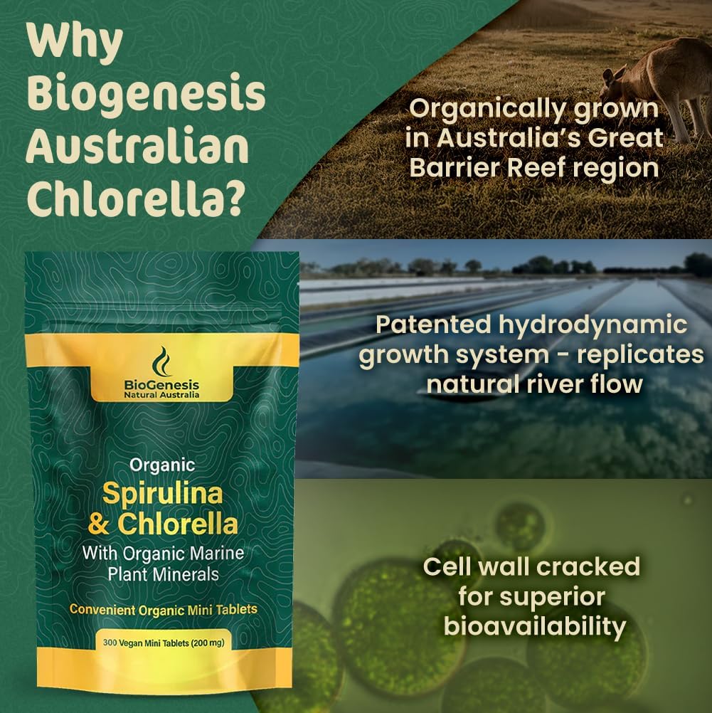 Biogenesis Organic Spirulina, Chlorella & Marine Plant Minerals – 300 Count (200 mg) | Australian Grown Algae Superfood | Support Energy & Immunity | Vegan Mini Tablets