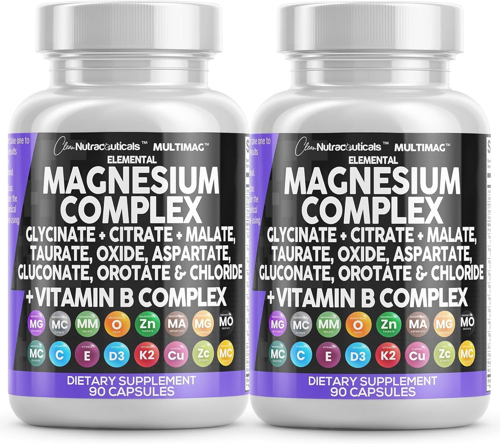 Clean Nutraceuticals Magnesium Complex with Magnesium Glycinate Citrate Malate Oxide Taurate Aspartate Orotate & Mag Chloride, Zinc Copper Manganese (90 Count (Pack of 2))