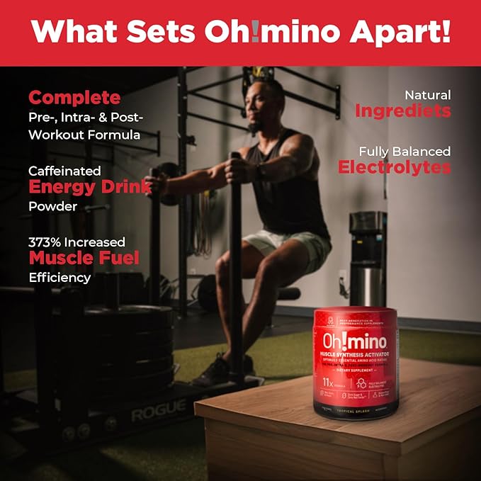 Oh!mino Essential Amino Acids Supplement Drink Powder, Tropical Splash, Cafeeinated Powder, All 9 EAAs, BCAAs and The Perfect Amino for Workouts, Amino Energy, and to Build Muscle, and Recover Faster
