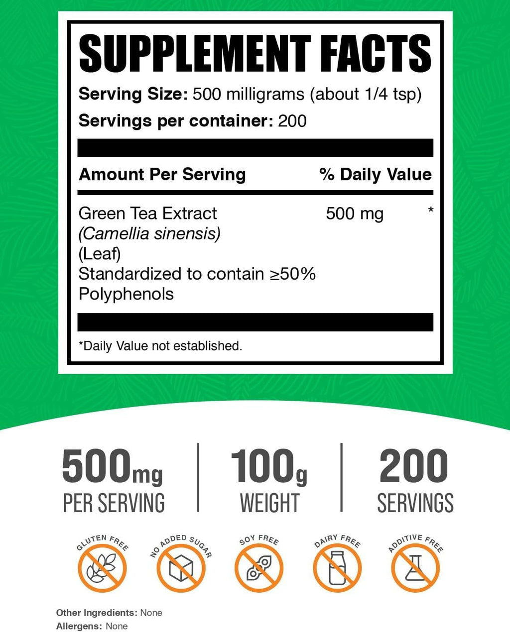 BulkSupplements.com Green Tea Extract Powder - 50% Polyphenol, Green Tea Supplement, Herbal Supplement - Gluten Free, 500mg per Serving, 100g (3.5 oz) (Pack of 1)