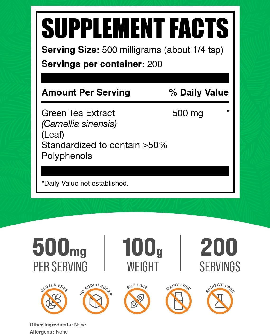 BulkSupplements.com Green Tea Extract Powder - 50% Polyphenol, Green Tea Supplement, Herbal Supplement - Gluten Free, 500mg per Serving, 100g (3.5 oz) (Pack of 1)
