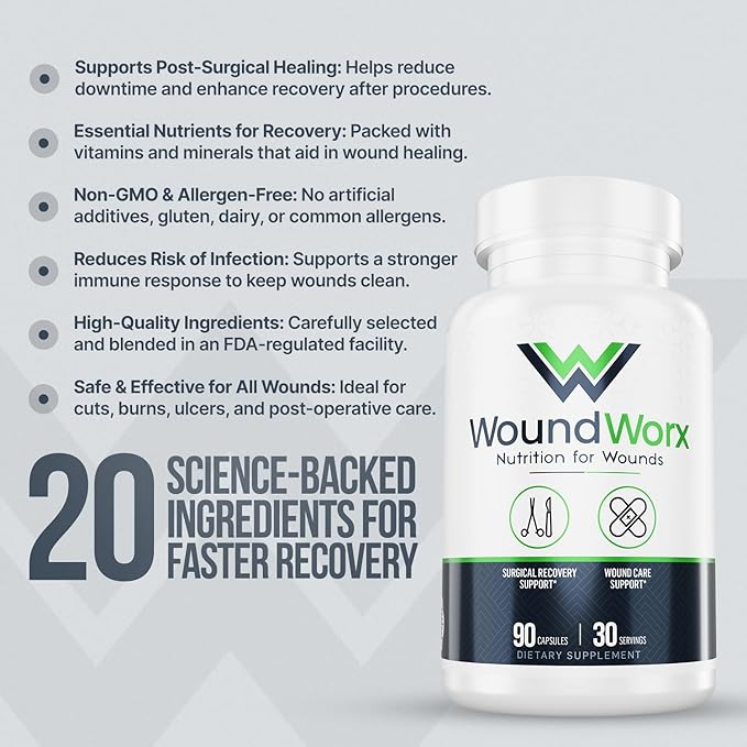 Free Life Labs WoundWorx Nutrition-Scar and Surgery Support, Wound Care, General and Plastic Surgery, Faster Healing w/Vitamins, Amino Acids, Collagen, Probiotics, Turmeric, Bromelain-90 caps