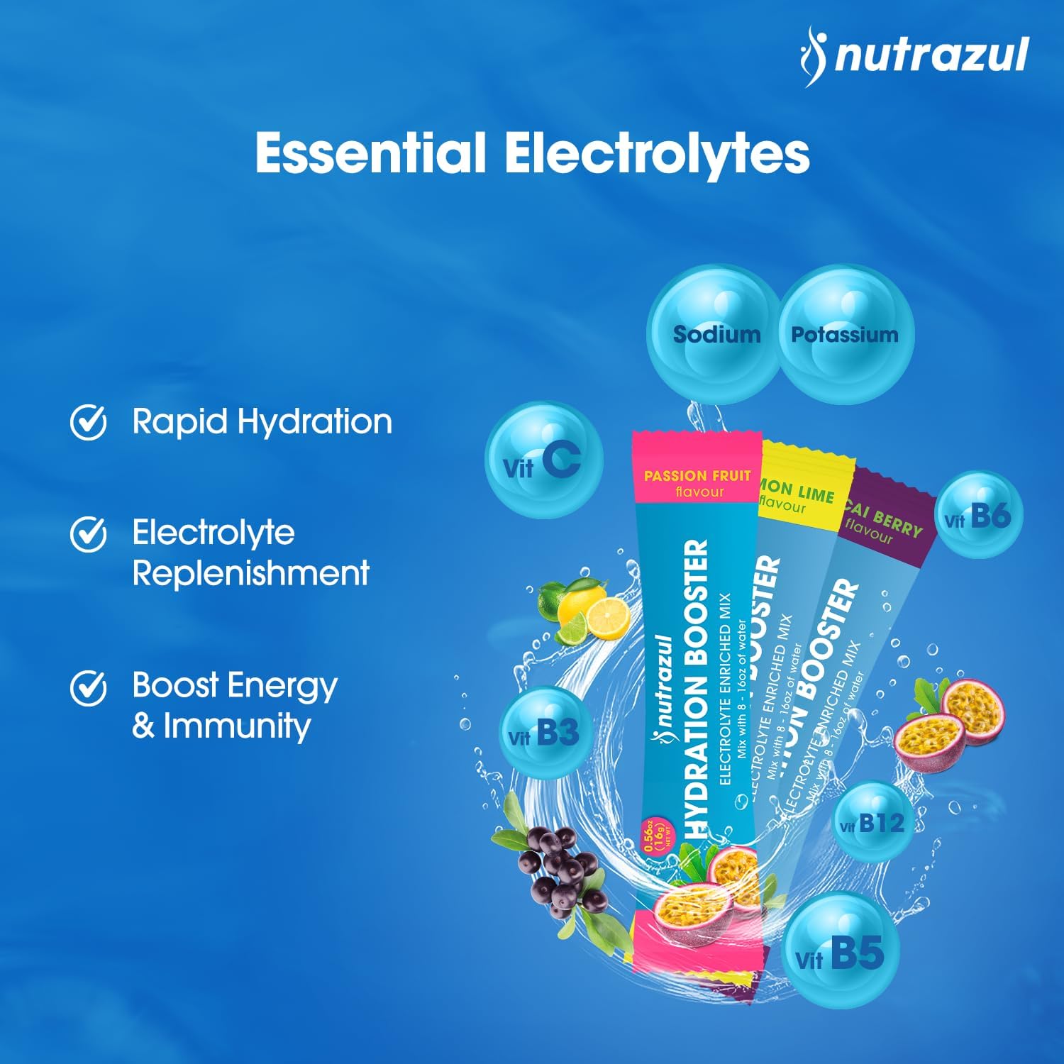 nutrazul Hydration Booster, Electrolytes Powder Sticks with Sodium, Potassium, Vitamin B6 & B12, No Artificial Sweeteners, Acai Berry Flavor, 90 Sticks
