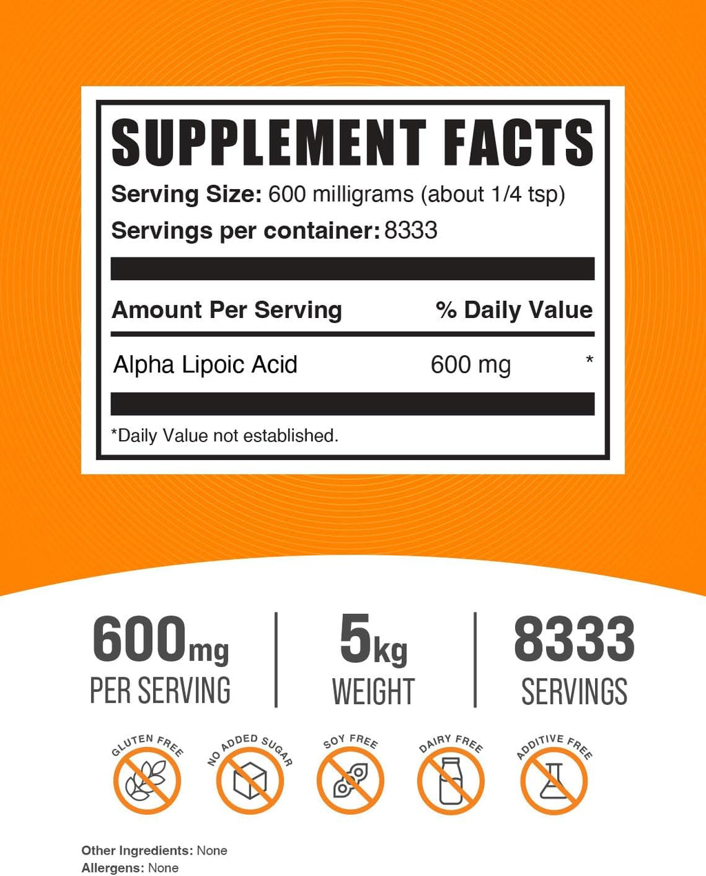 BulkSupplements.com Alpha Lipoic Acid Powder - ALA Supplement, Alpha Lipoic Acid 600mg - ALA Powder, Gluten Free - 600mg of Alpha-Lipoic Acid per Serving, 5kg (11 lbs) (Pack of 5)