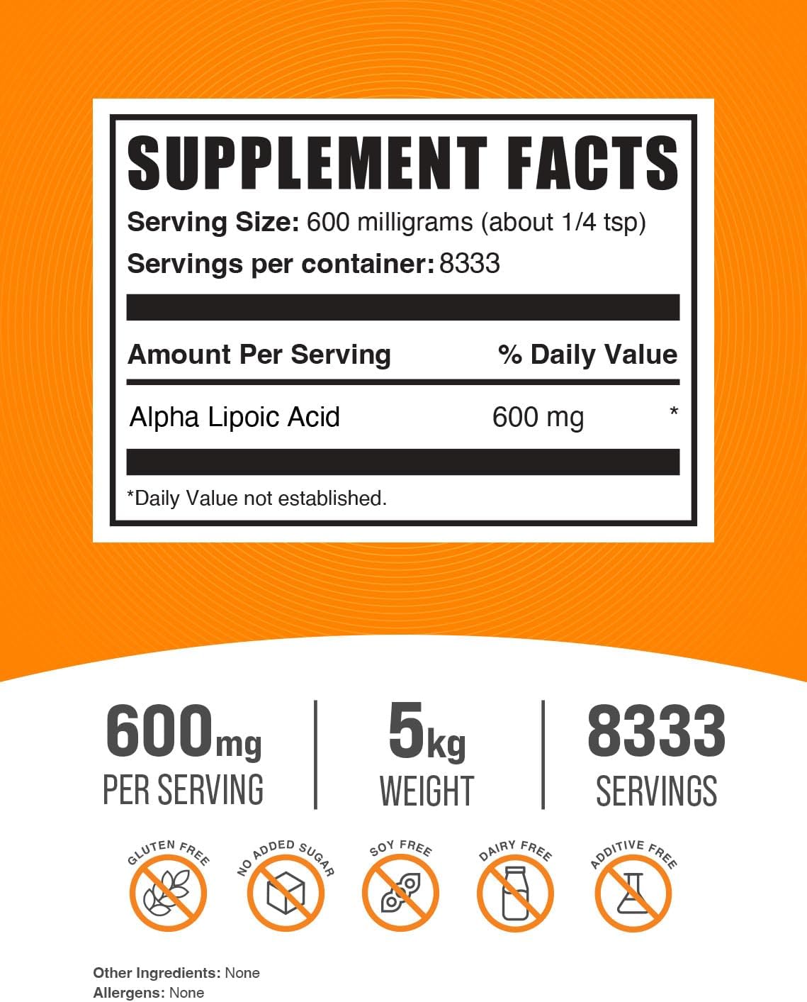 BulkSupplements.com Alpha Lipoic Acid Powder - ALA Supplement, Alpha Lipoic Acid 600mg - ALA Powder, Gluten Free - 600mg of Alpha-Lipoic Acid per Serving, 5kg (11 lbs) (Pack of 5)
