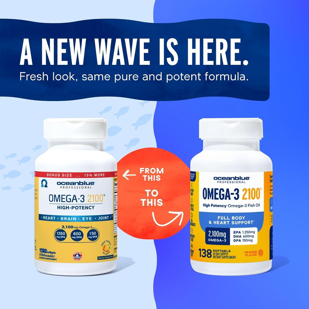 Oceanblue Professional Omega-3 2100 – 138 ct Bonus Bottle– Triple Strength Burpless Fish Oil Supplement with High-Potency EPA, DHA, DPA – Wild-Caught – Orange Flavor, 69 Servings