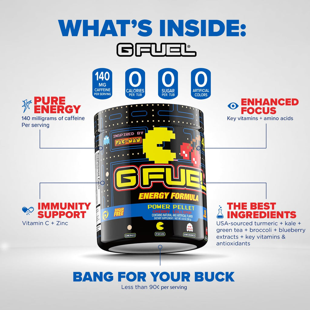G Fuel Pac-Man Energy Drink Powder, Pre Workout Caffeine Mix for Gaming, Sugar Free Focus Amino, Vitamin + Antioxidants, 9.8oz (Cherry Lollipop, 40 Servings)