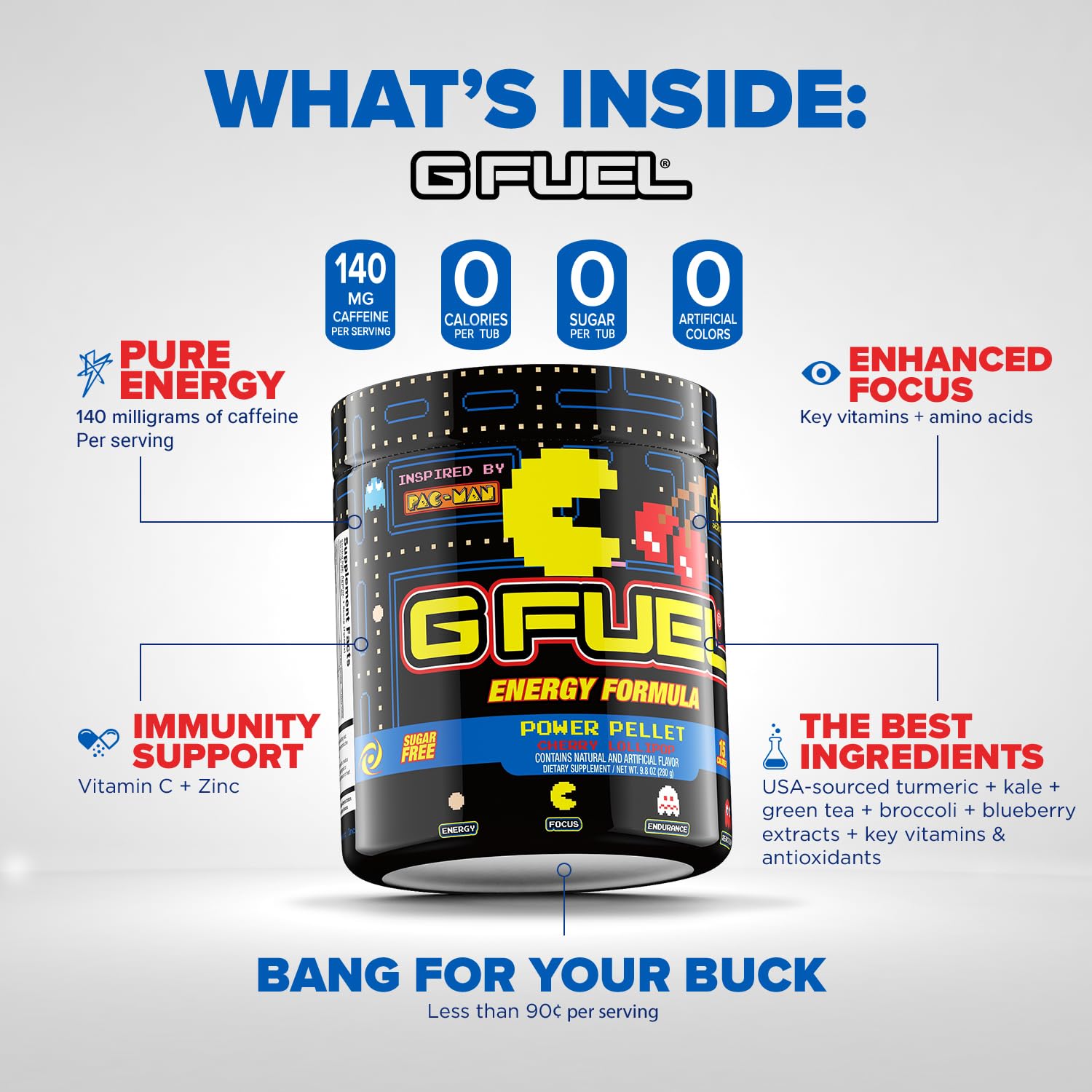 G Fuel Pac-Man Energy Drink Powder, Pre Workout Caffeine Mix for Gaming, Sugar Free Focus Amino, Vitamin + Antioxidants, 9.8oz (Cherry Lollipop, 40 Servings)