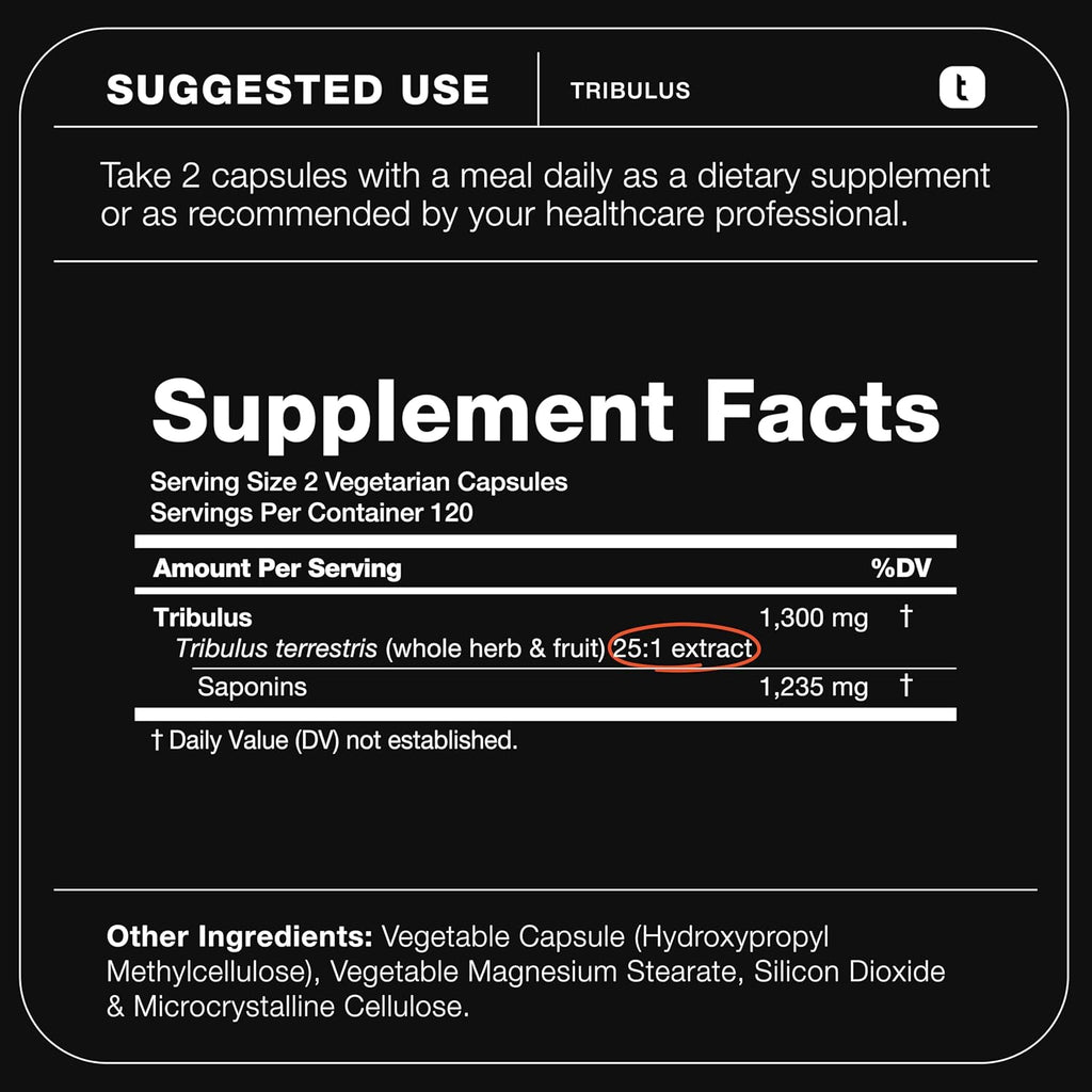Tribulus Terrestris for Men - Ultra High Potency 25:1 Extract with 95% Saponins - 1300mg Pure & Concentrated Formula - Third-Party Lab Tested for Purity & Quality - 240 Capsules