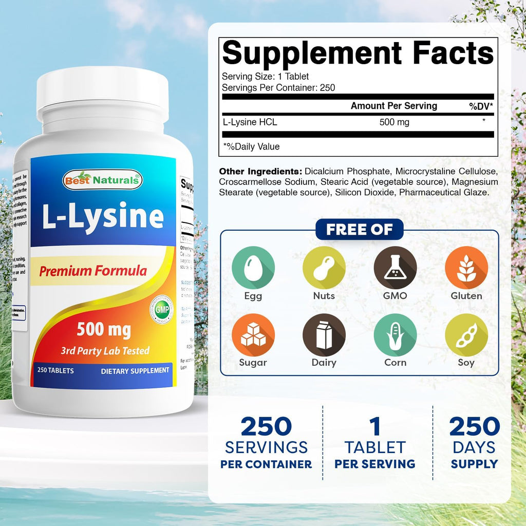 Best Naturals L-Lysine 500 mg 250 Tablets (250 Count (Pack of 2))