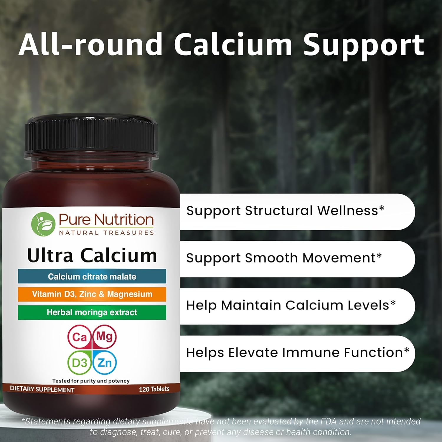 Pure Nutrition Ultra Calcium 1000mg with VIT D3 + K2 | 240 Tabs (120 X Pack of 2) | Highly absorbable Calcium Supplement with Calcium Citrate Malate, VIT D3, K2, Moringa Oleifera, Magnesium and Zinc.