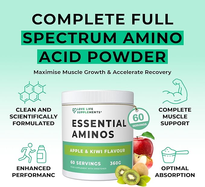 Love Life Supplements EAA Amino Acids Powder, All 9 Essential Amino Acids Including BCAA's and 2 Grams of Leucine per Serving, Apple & Kiwi Flavour, 348g - 60 Servings (5g of EAA's per Serving)
