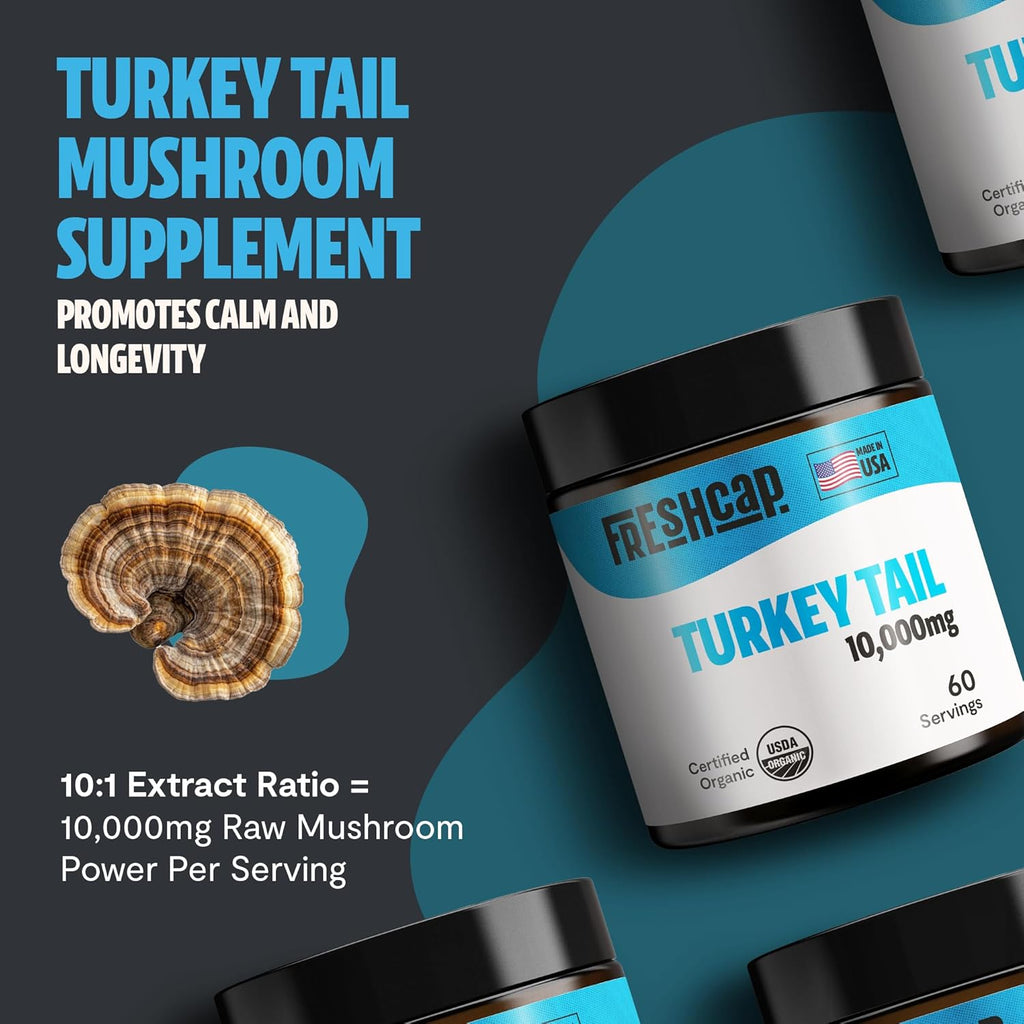 FreshCap Mushrooms Turkey Tail Mushroom Powder 10,000mg - Turkey Tail Supplement Mushroom Extract for Immune Support, Ayurveda Nootropic Supplement (60 Servings)