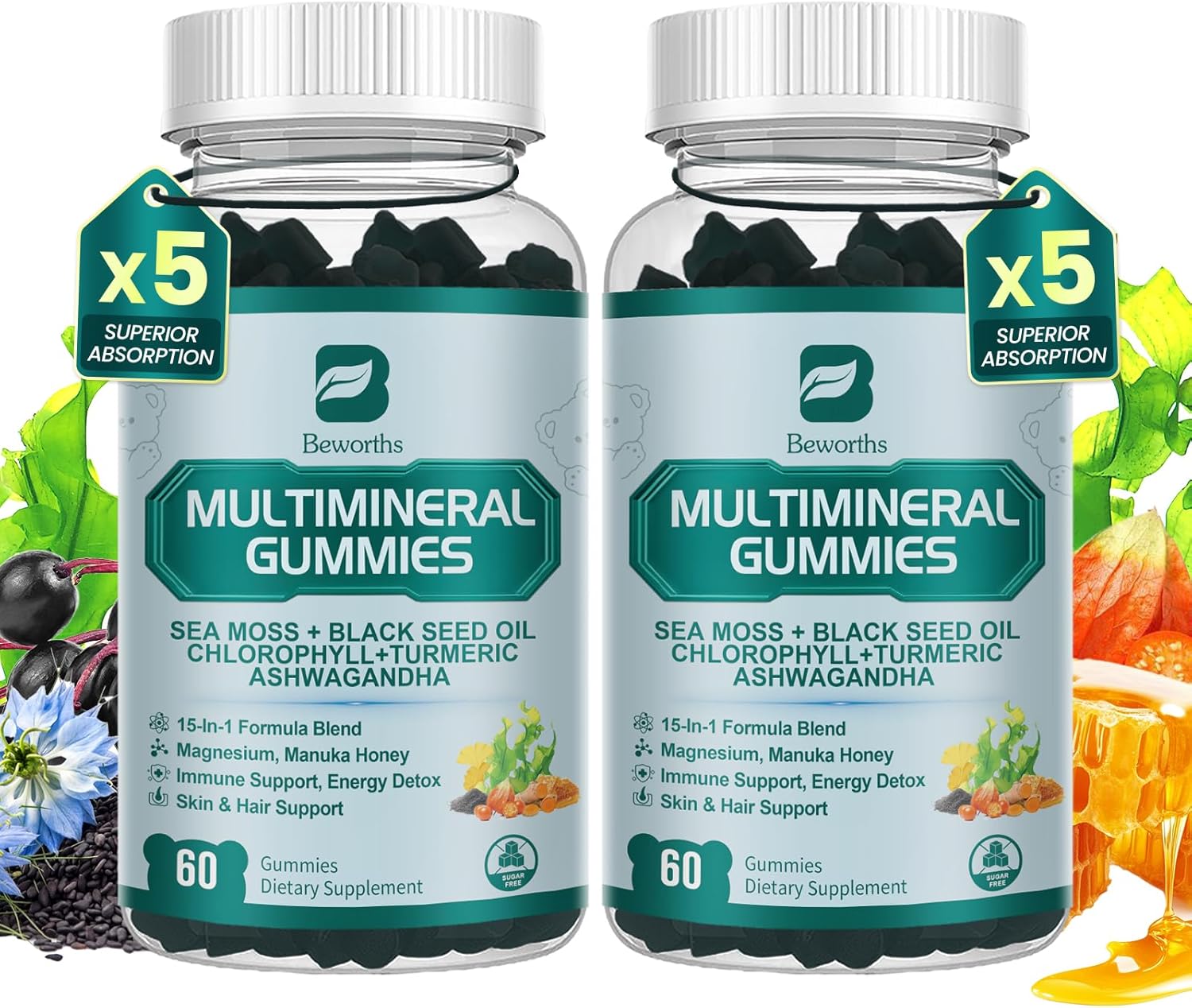 Sea Moss Black Seed Oil Ashwagandha Gummies, Irish Sea Moss Chlorophyll Gummy Supplement with Turmeric, Magnesium, Chlorophyll, Elderberry, Manuka Honey - Immune & Gut Detox Support | Vegan