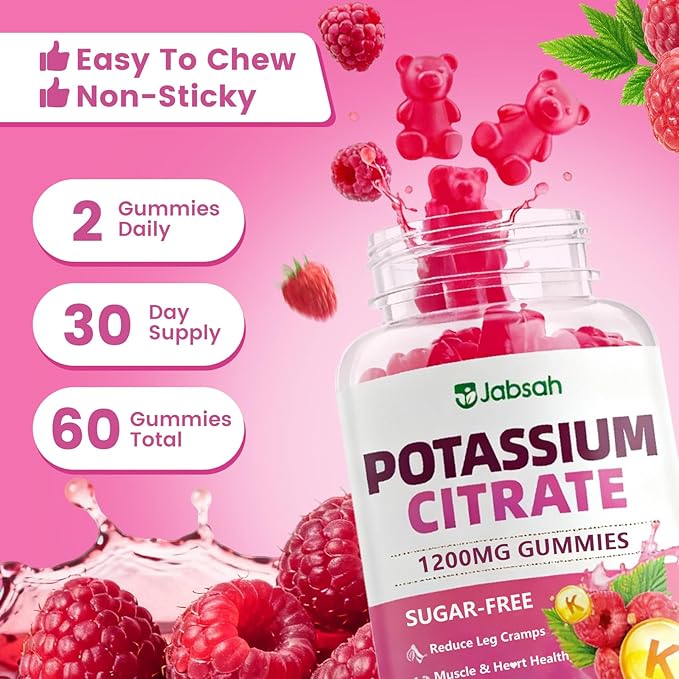 Potassium Citrate Gummies 1200mg, Sugar-Free Potassium Supplement for Adults Women & Men, Supports Leg Cramps & Muscle & Heart Health, Vegan, Gluten Free - Raspberry Flavor (120 Count)