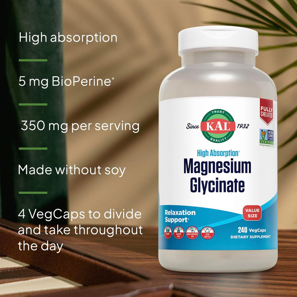 KAL Magnesium Glycinate, New & Improved Fully Chelated High Absorption Formula with BioPerine, Bisglycinate Chelate for Stress, Relaxation, Muscle & Bone Health Support, 60 Servings, 240 VegCaps