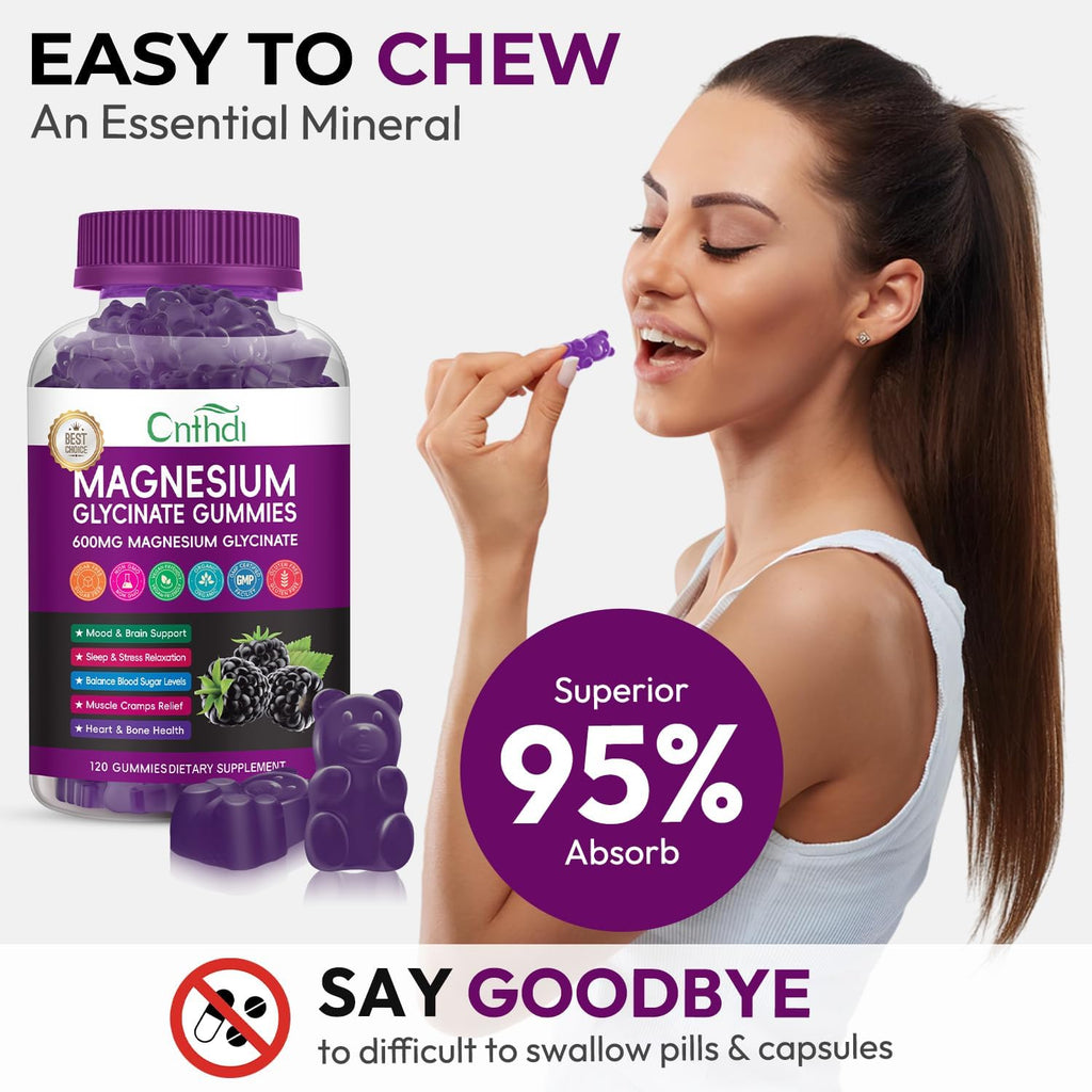 Magnesium Glycinate Gummies for Adults, High Absorption Vitamin Manganese Gummies with L-Threonate, Calcium, B6, D3, Sugar Free Chews, Relaxation, Stress Relief, Night Rest