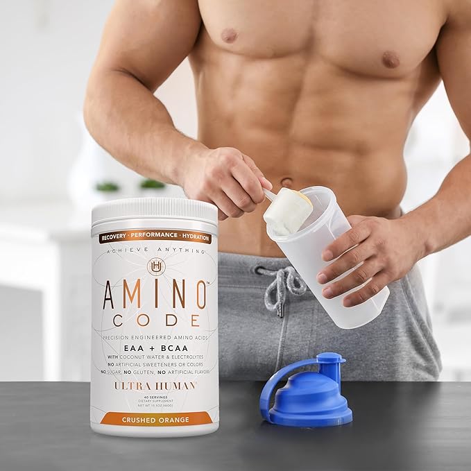 Ultra Human Amino Code | Essential Amino Acids + BCAAs + Coconut Water Electrolytes | Fast Hydration Workout Recovery Flavored Amino Energy Powder Drink | Clean Formula, 40 Servings - Crushed Orange