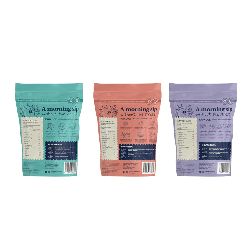 Sip Herbals Caffeine-Free Dandelion Root Tea - Loose Leaf Coffee Alternative with Chicory & Carob - Organic Herbal Coffee Substitute - Favorites Sample Bundle with 3 different Flavors - 18 Servings