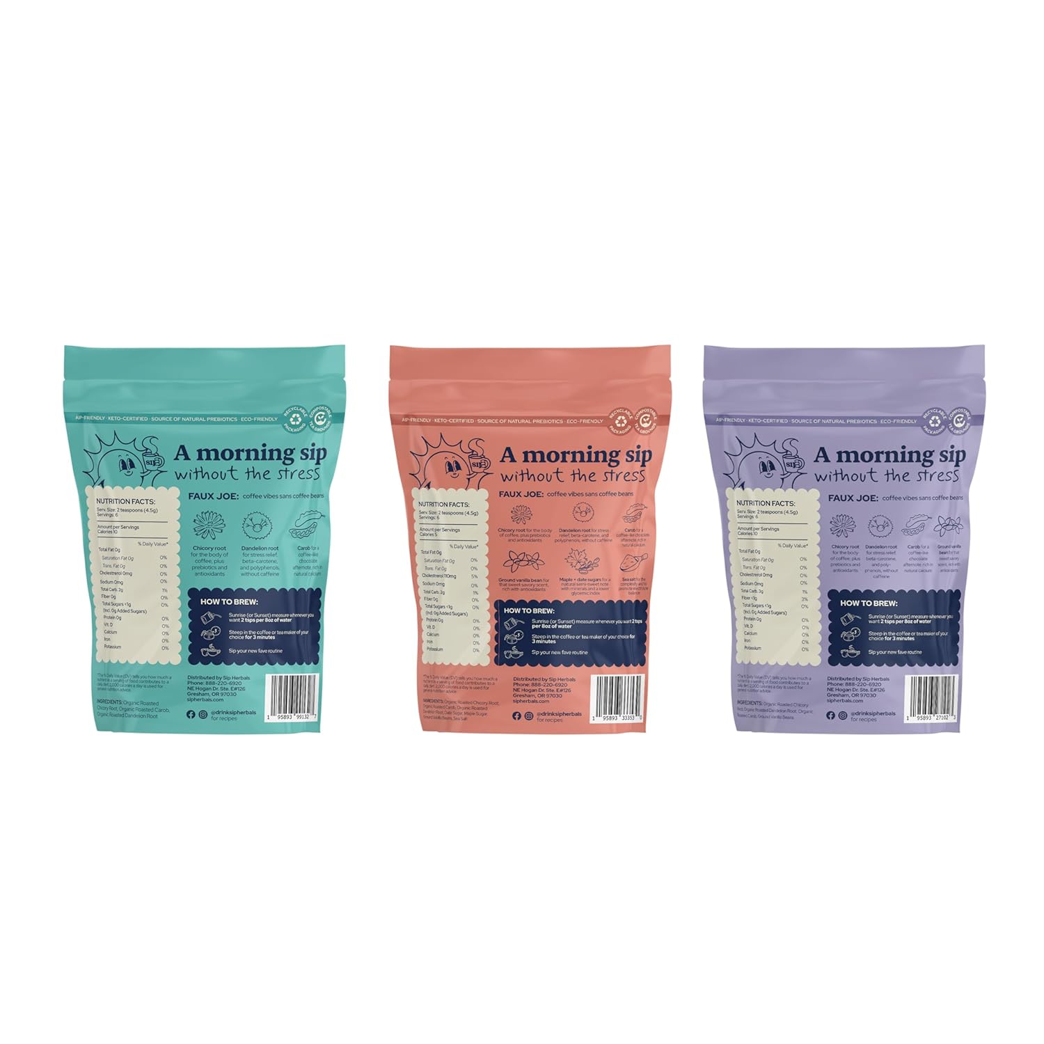 Sip Herbals Caffeine-Free Dandelion Root Tea - Loose Leaf Coffee Alternative with Chicory & Carob - Organic Herbal Coffee Substitute - Favorites Sample Bundle with 3 different Flavors - 18 Servings