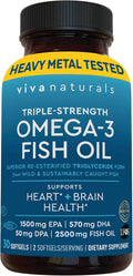 Viva Naturals Omega 3 Fish Oil Supplement for Women and Men - 2500 mg Triple Strength Fish Oil Pills with Re-Esterified Omega 3 Fatty Acids Including EPA, DHA DPA - 30 Pescatarian-Friendly Softgels