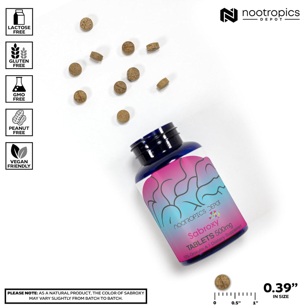 Nootropics Depot Sabroxy® Tablets | 500mg | 30 Count | Minimum 10% Oroxylin-A | Oroxylum indicum | May Help Promote Focus & Motivation | May Help Promote Cognitive Function