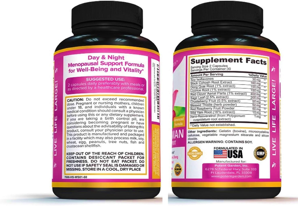 Potent Garden Menopause Relief Supplement with Black Cohosh, Soy Isoflavones, and Don Quai, Hot Flash Relief & Night Sweats Relief for Women, Non-GMO, 60 Capsules, 30 Servings