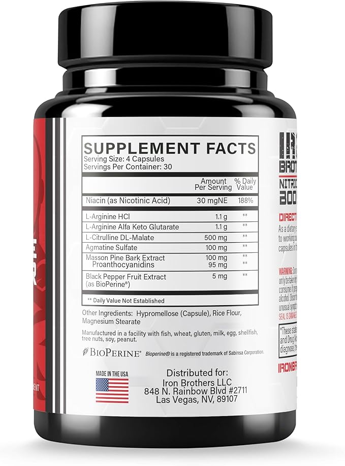Iron Brothers Nitric Oxide Supplement for Men & Women | Pre-Workout Nitric Oxide Booster for Enhanced Muscle Pump, Blood Flow & Endurance | L-Arginine, L-Citrulline, Pine Bark Extract | 120 Vegan Caps