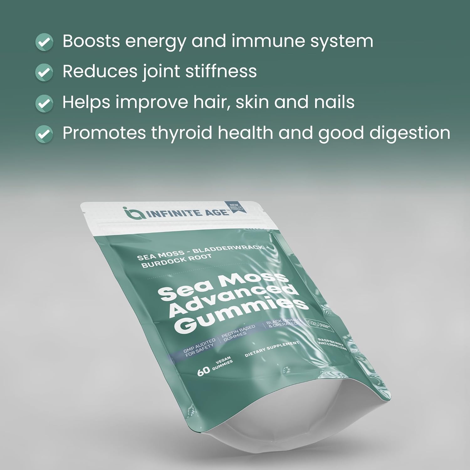 INFINITE AGE: Sea Moss Advanced Gummies, 60 Count - Delicious, Vegan, Made in USA - Irish Seamoss, Bladderwrack, Burdock Root - Overall Health, Immunity Support, Sea Moss Gummies for Women and Men