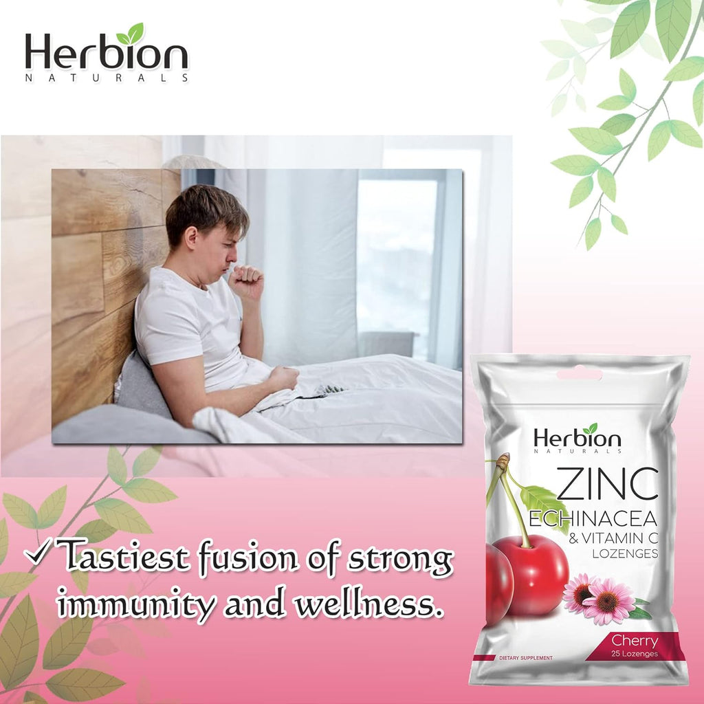 HERBION Naturals Zinc, Echinacea & Vitamin C Lozenges 25 CT, Dietary Supplement for Adults & Children 5+, Promotes Wellness for The Whole Family, 25 Count, Cherry, Pack of 1