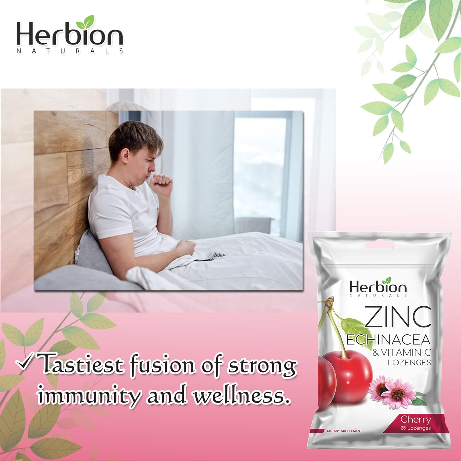 HERBION Naturals Zinc, Echinacea & Vitamin C Lozenges 25 CT, Dietary Supplement for Adults & Children 5+, Promotes Wellness for The Whole Family, 25 Count, Cherry, Pack of 1