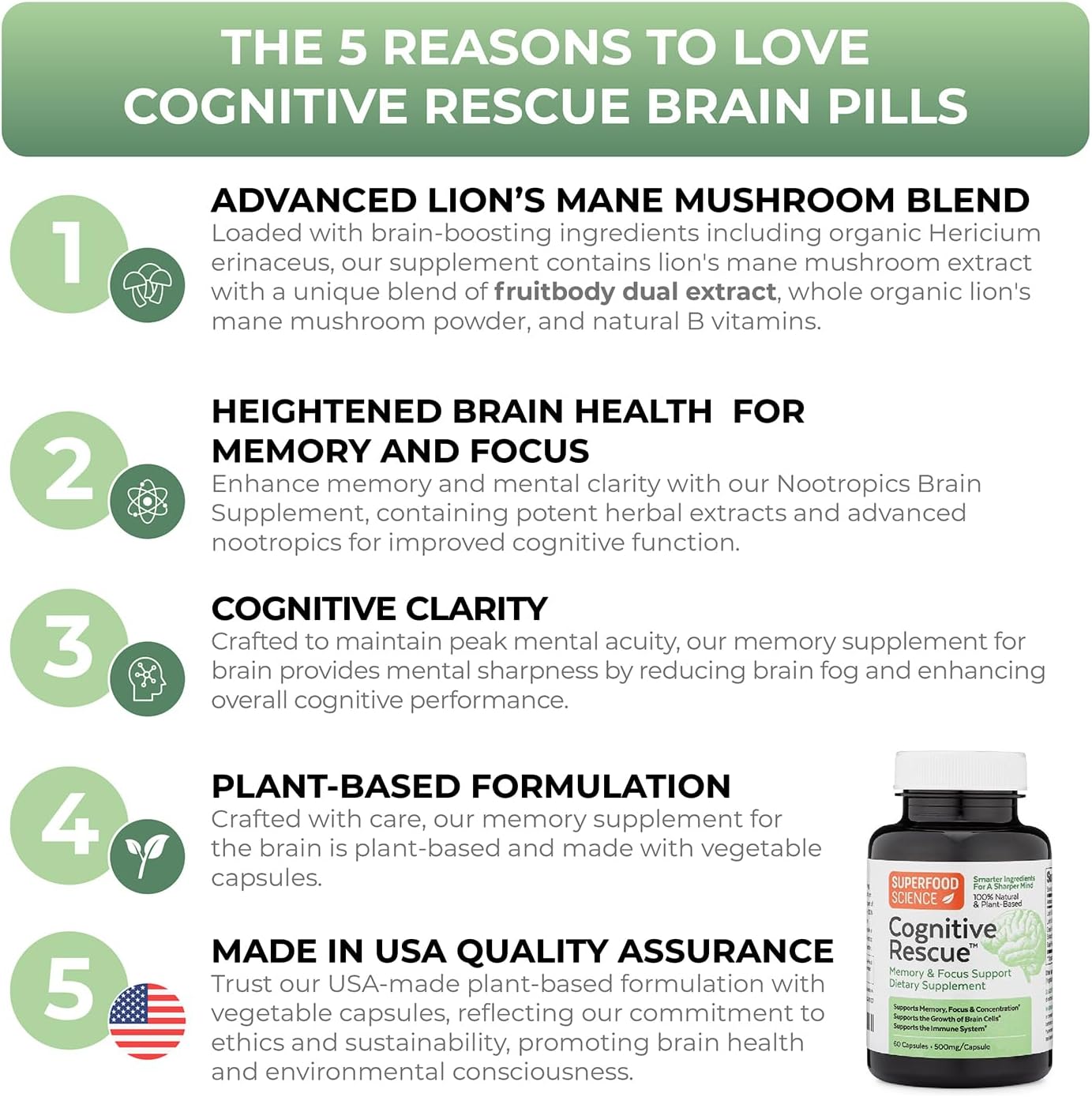 Cognitive Rescue, Lion's Mane Mushroom Capsules w/ Lion's Mane Dual Extract, Nootropics, Brain Supplement for Memory and Focus, Mushroom Immune Support w/ B Vitamins Complex, BioPerine, 60 capsules