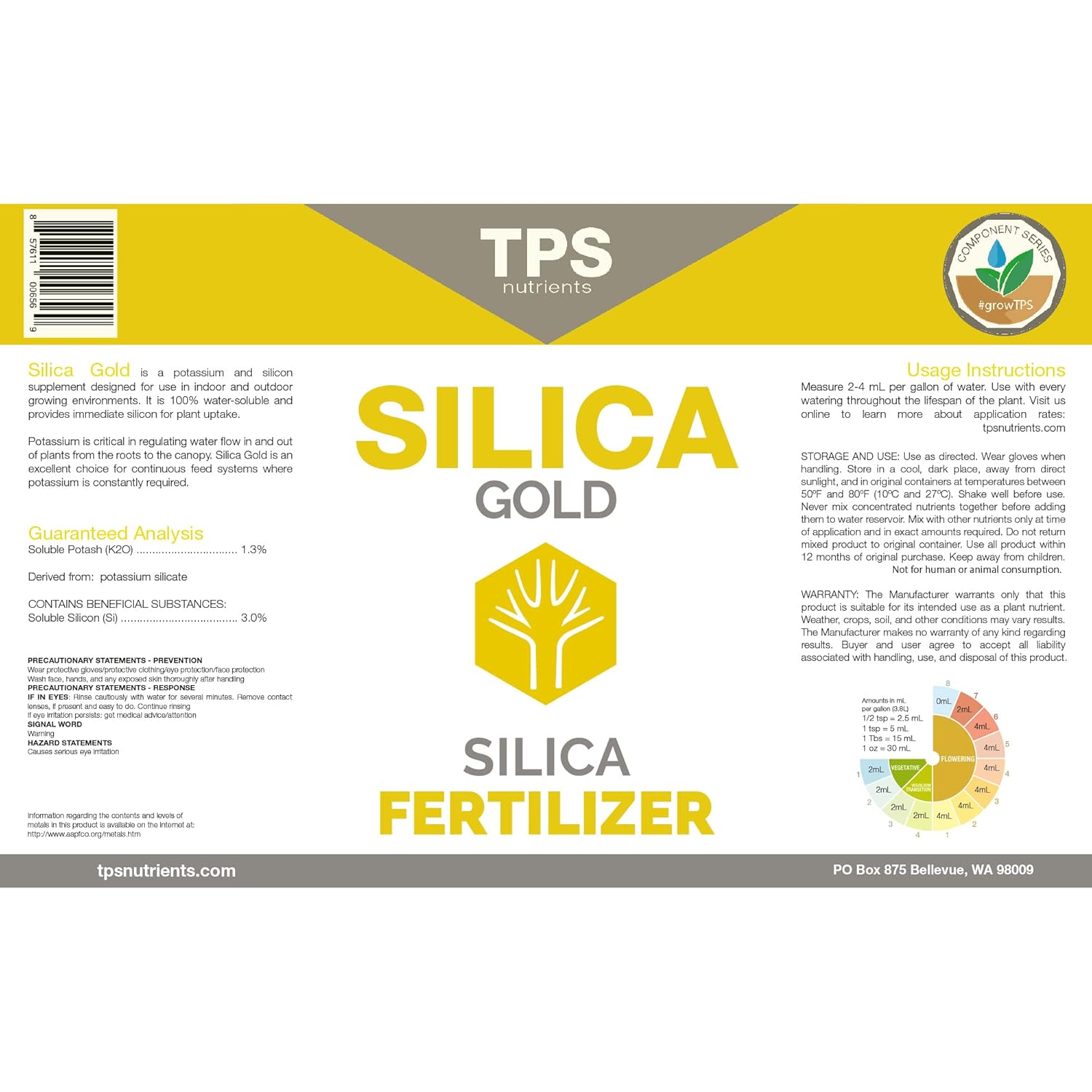 TPS NUTRIENTS Silica Gold Plant Strength Nutrient and Supplement with Bioavailable Silicon 1 Quart (32 oz)
